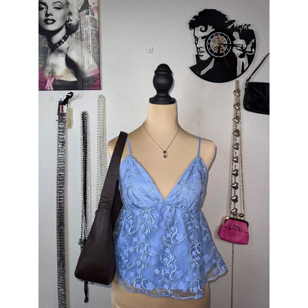 Thirty Thirty LA Babydoll Cami Top Blue Floral Embroidered Mesh Lace Womens L